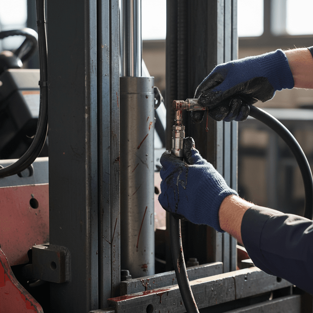 Technician's gloved hands connecting a new hydraulic hose to a cylinder on a forklift in a repair yard