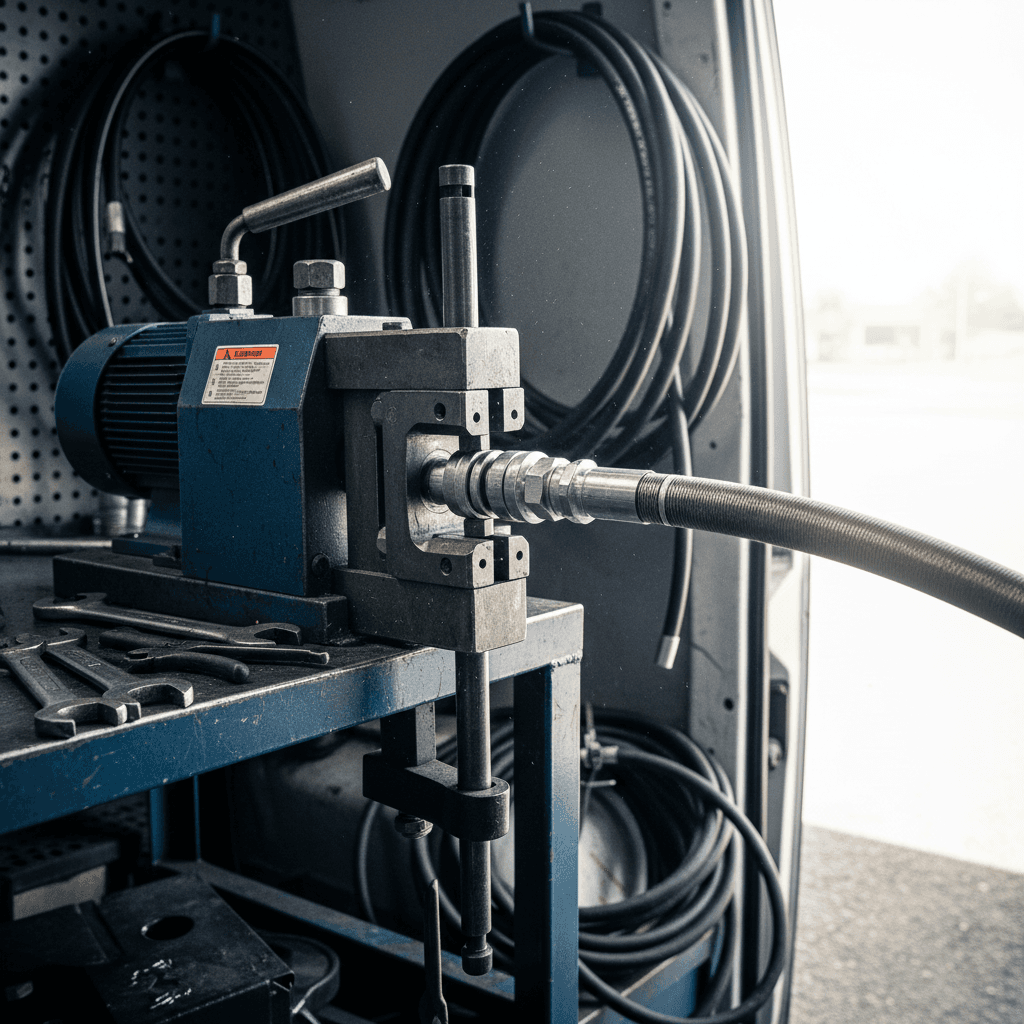 Close-up of a hydraulic hose being crimped inside a mobile service van with metal fittings and tools in the background