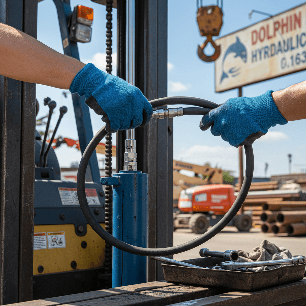 Technician's gloved hands connecting a new hydraulic hose to a cylinder on a forklift in a repair yard