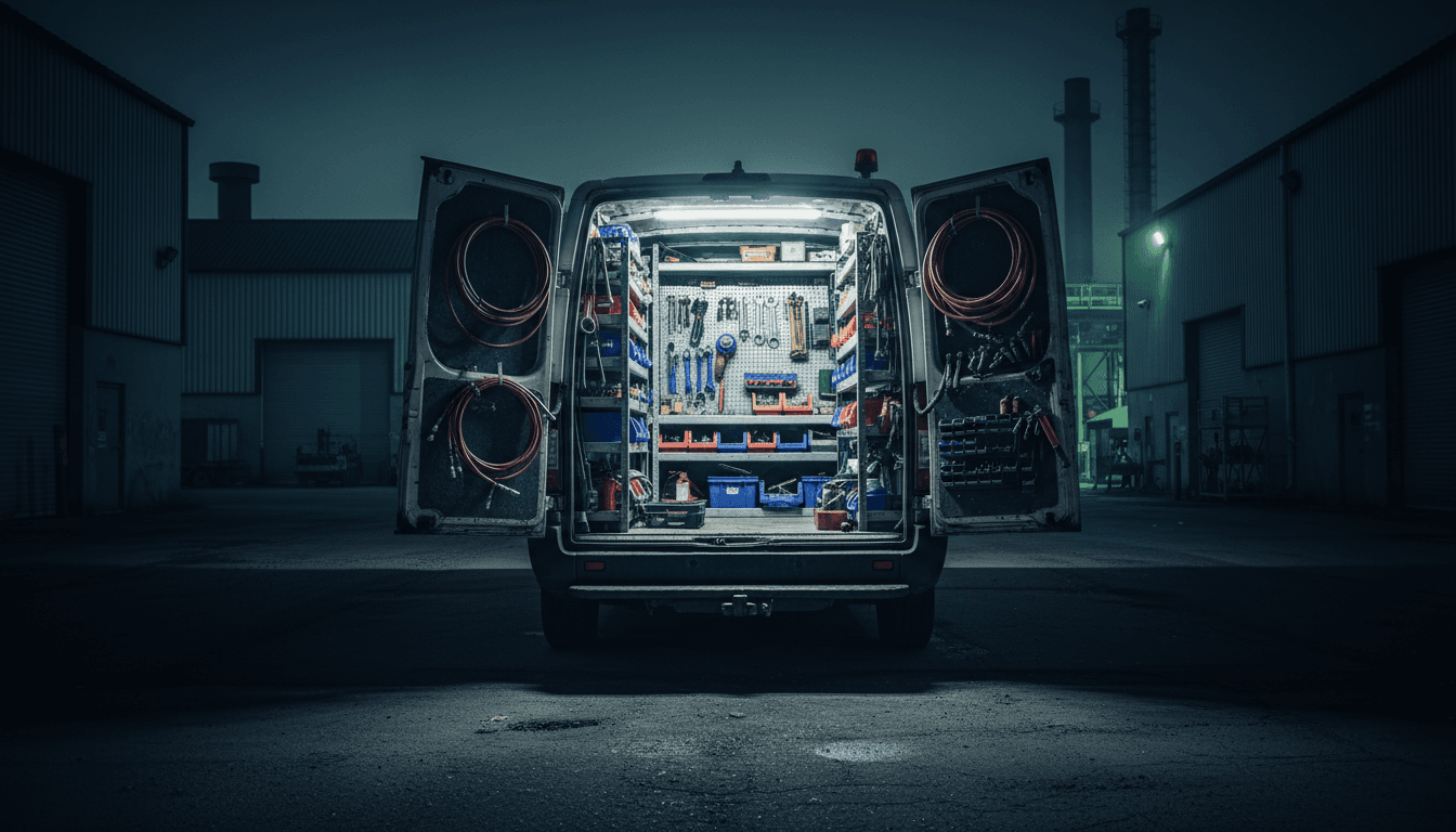 Fully stocked hydraulic service van with hoses and fittings visible inside