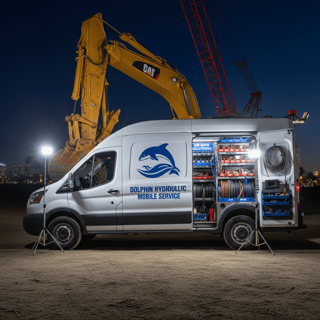 Mobile hydraulic service van at night, open doors showing hoses and fittings next to machinery.