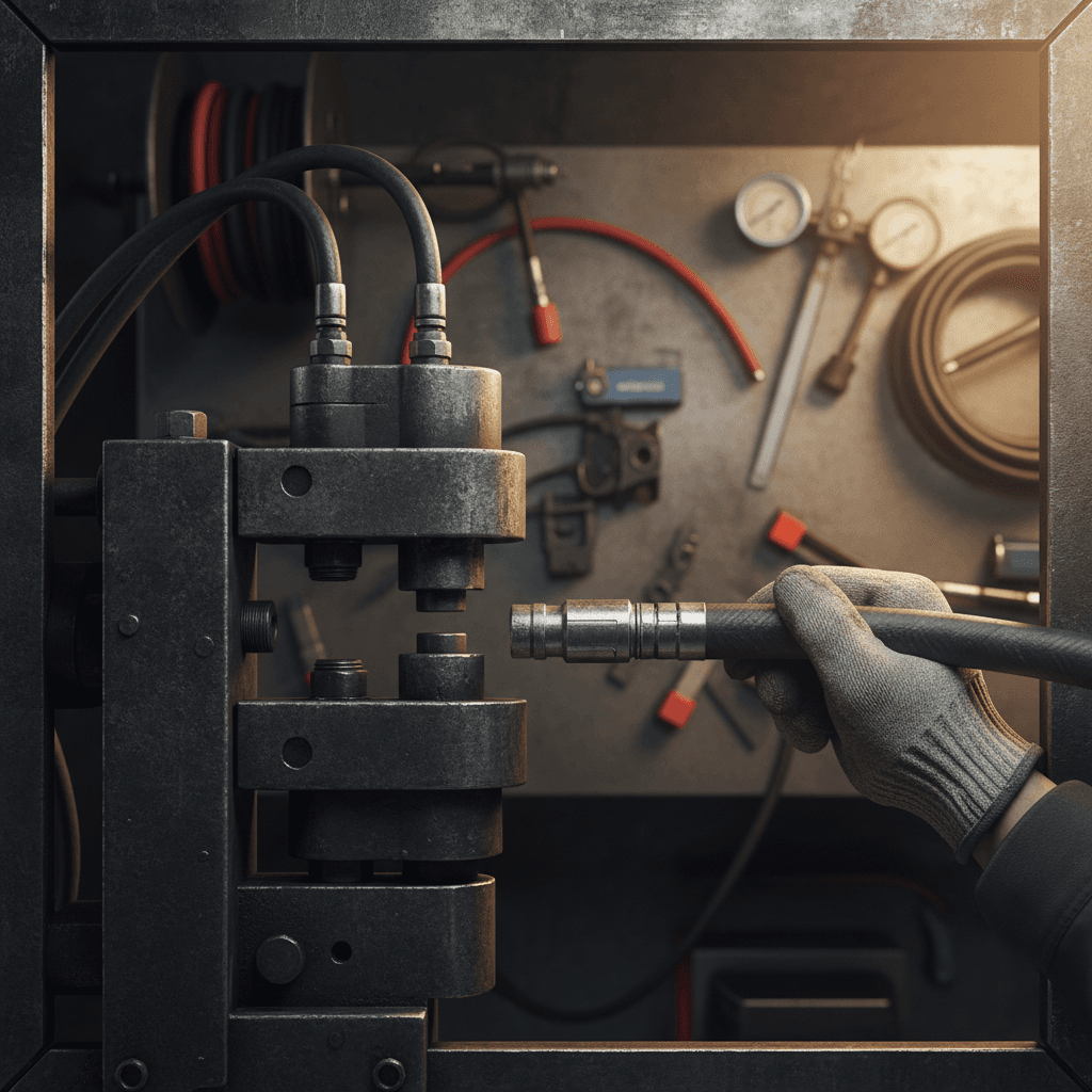 Hydraulic hose fitting and crimper close-up