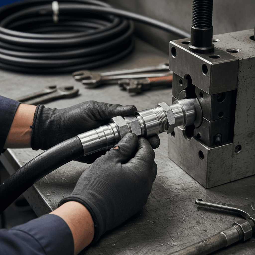 Hands crimping hydraulic hose fitting on workbench in van
