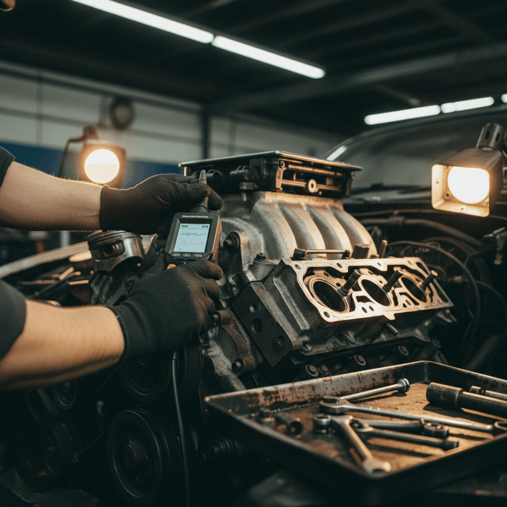 Mechanic's hands holding a hydraulic hose fitting