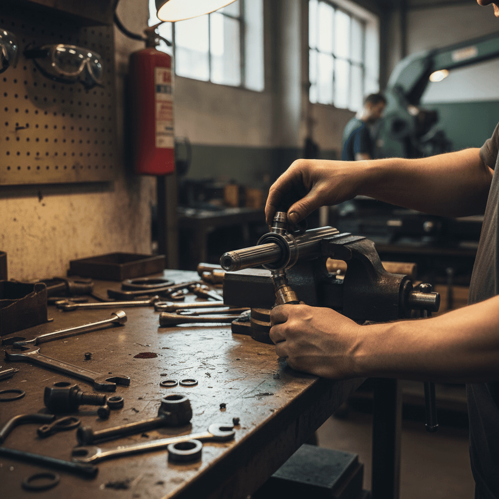 Technician hands assembling hydraulic cylinder component with precision tools on industrial workshop bench